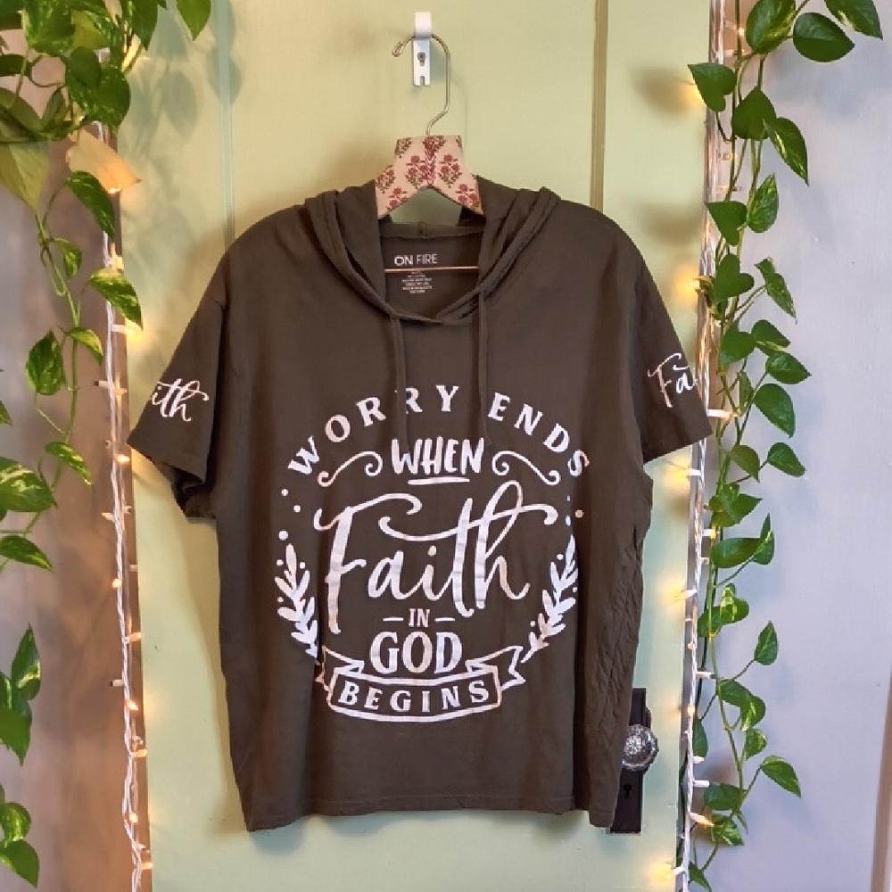 Women's On Fire Hooded Tshirt Faith Worry God Olive Green 2X